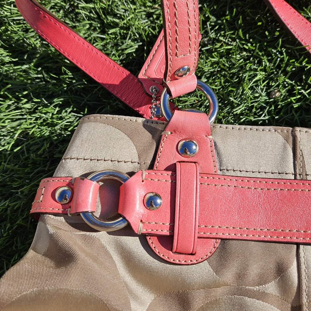 Coach Signature Canvas Shoulder Purse Satchel Neon Coral **WITH Coach Dust Bag** - Picture 8 of 16